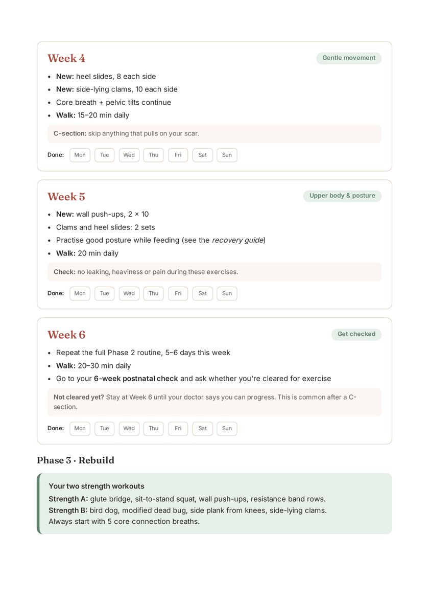 Sample page: week-by-week exercise cards with tick boxes